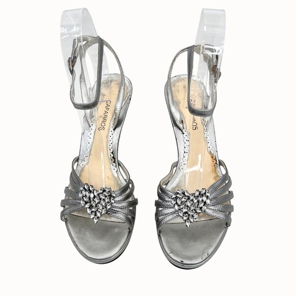 CAPARROS METALLIC SILVER LEATHER RHINESTONE HEART ANKLE STRAP SANDALs HEELS - 7B - Picture 6 of 11